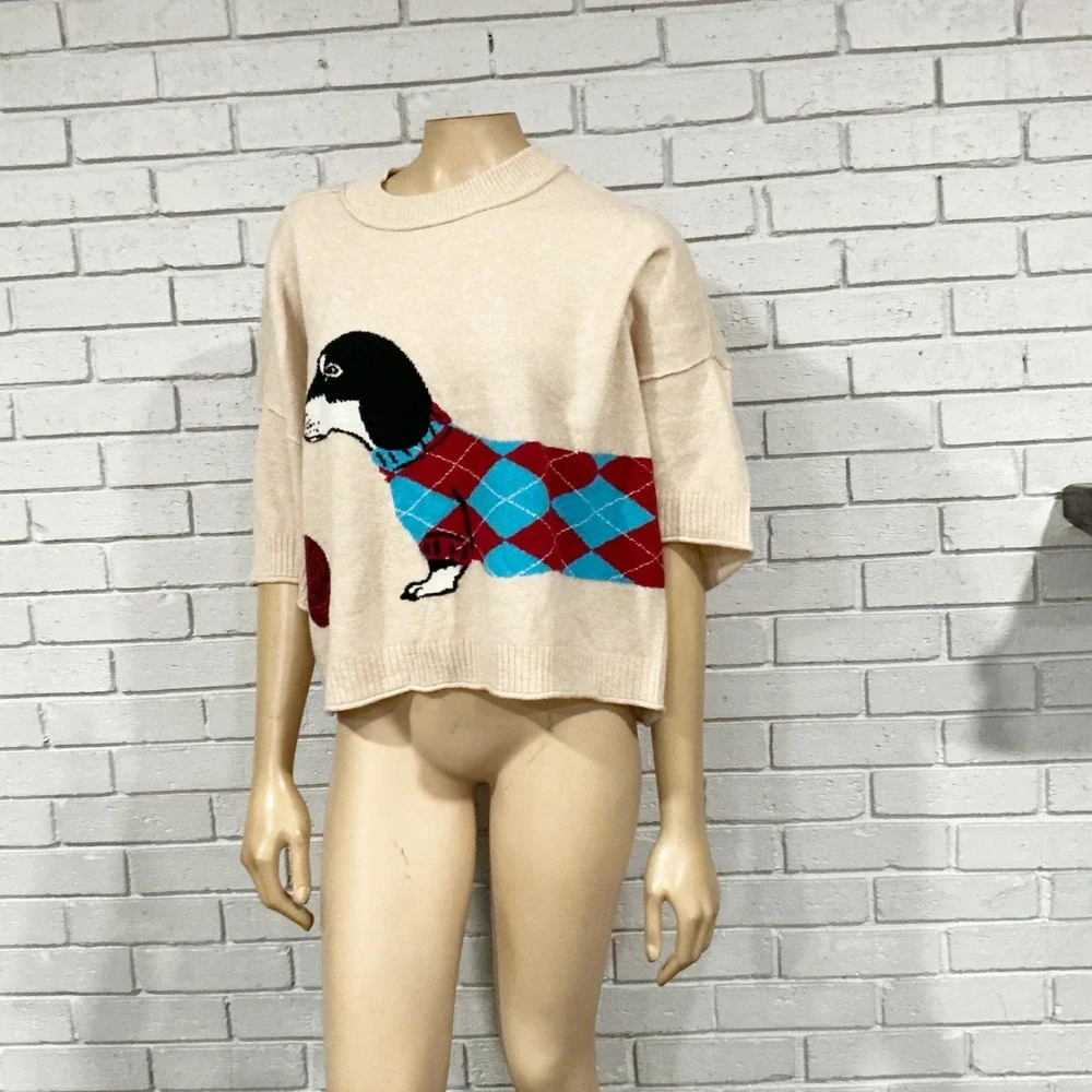 Anthropologie Dachshund Dog Cashmere Knit Sweater Beige NWT - Picture 5 of 15